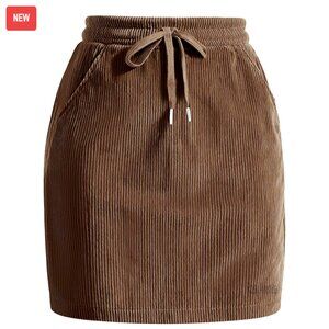Mini Corduroy Skirt High Waisted Drawstring Pockets Work Casual